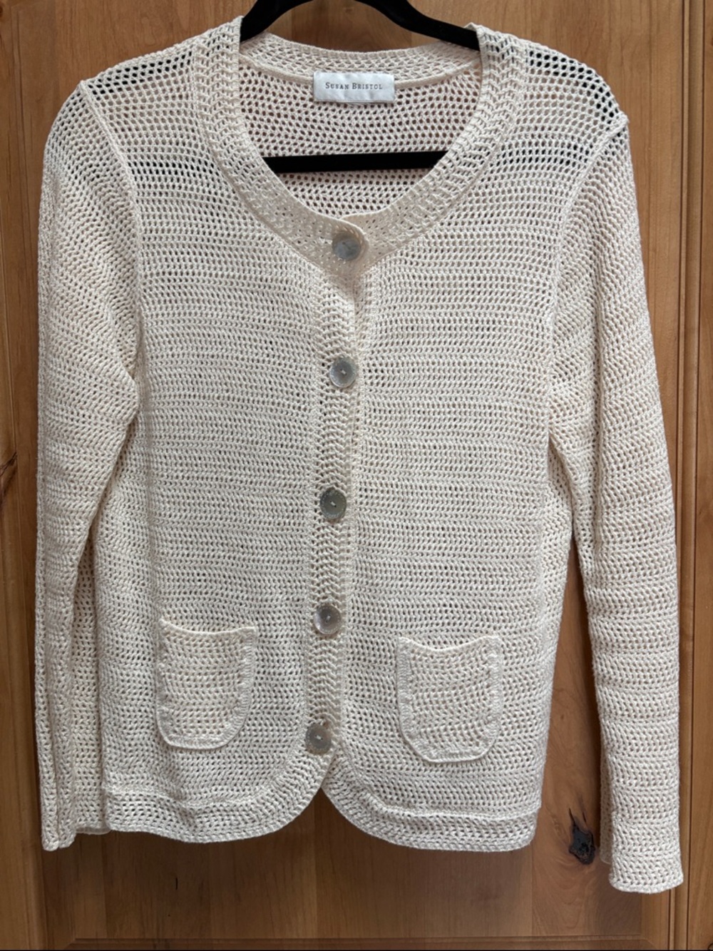 Susan Bristol Cream Open-Weave Button Front Cardigan